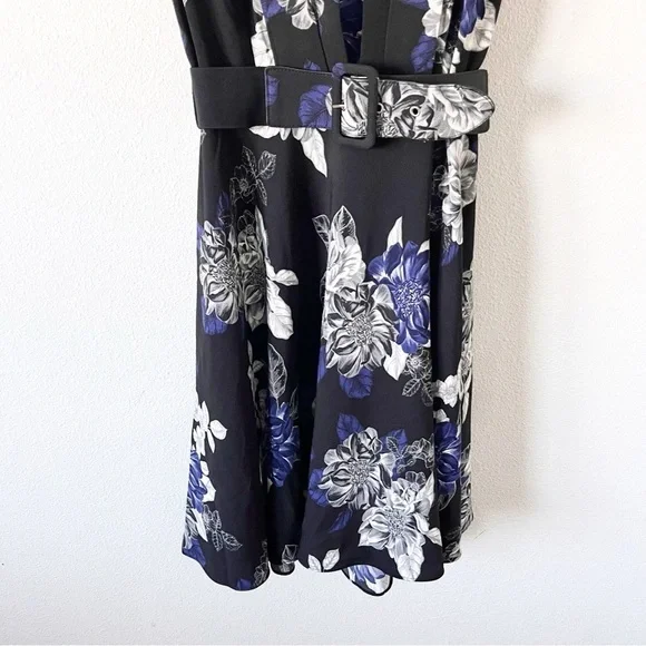 City Chic Epic Floral Black Blue Belted Fit & Flare Belted Dress - Picture 6 of 11